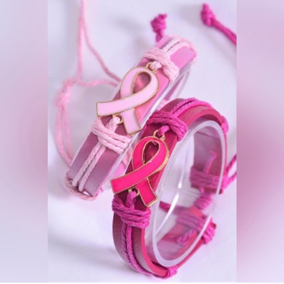 Real Leather Band / Pink Breast Cancer Ribbon Bracelets - Picture 1 of 2